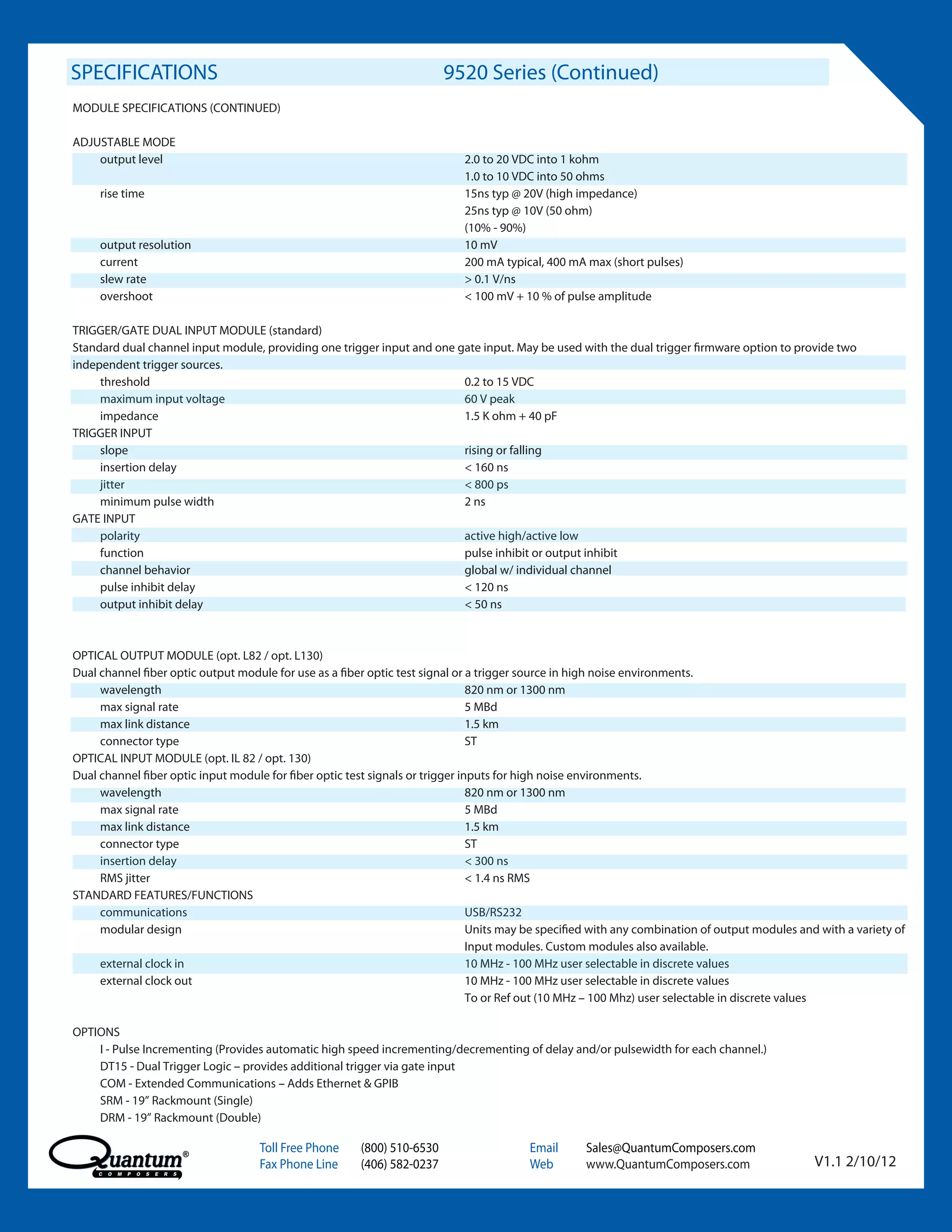 SPECIFICATIONS                                                           9520 Series (Continued)
MODULE SPECIFICATIONS (CONTINUED)

ADJUSTABLE MODE
    output level                                                            2.0 to 20 VDC into 1 kohm
                                                                            1.0 to 10 VDC into 50 ohms
     rise time                                                              15ns typ @ 20V (high impedance)
                                                                            25ns typ @ 10V (50 ohm)
                                                                            (10% - 90%)
     output resolution                                                      10 mV
     current                                                                200 mA typical, 400 mA max (short pulses)
     slew rate                                                              > 0.1 V/ns
     overshoot                                                              < 100 mV + 10 % of pulse amplitude

TRIGGER/GATE DUAL INPUT MODULE (standard)
Standard dual channel input module, providing one trigger input and one gate input. May be used with the dual trigger firmware option to provide two
independent trigger sources.
     threshold                                                           0.2 to 15 VDC
     maximum input voltage                                               60 V peak
     impedance                                                           1.5 K ohm + 40 pF
TRIGGER INPUT
     slope                                                               rising or falling
     insertion delay                                                     < 160 ns
     jitter                                                              < 800 ps
     minimum pulse width                                                 2 ns
GATE INPUT
     polarity                                                            active high/active low
     function                                                            pulse inhibit or output inhibit
     channel behavior                                                    global w/ individual channel
     pulse inhibit delay                                                 < 120 ns
     output inhibit delay                                                < 50 ns



OPTICAL OUTPUT MODULE (opt. L82 / opt. L130)
Dual channel fiber optic output module for use as a fiber optic test signal or a trigger source in high noise environments.
     wavelength                                                                 820 nm or 1300 nm
     max signal rate                                                            5 MBd
     max link distance                                                          1.5 km
     connector type                                                             ST
OPTICAL INPUT MODULE (opt. IL 82 / opt. 130)
Dual channel fiber optic input module for fiber optic test signals or trigger inputs for high noise environments.
     wavelength                                                                 820 nm or 1300 nm
     max signal rate                                                            5 MBd
     max link distance                                                          1.5 km
     connector type                                                             ST
     insertion delay                                                            < 300 ns
     RMS jitter                                                                 < 1.4 ns RMS
STANDARD FEATURES/FUNCTIONS
     communications                                                             USB/RS232
     modular design                                                             Units may be specified with any combination of output modules and with a variety of
                                                                                Input modules. Custom modules also available.
     external clock in                                                          10 MHz - 100 MHz user selectable in discrete values
     external clock out                                                         10 MHz - 100 MHz user selectable in discrete values
                                                                                To or Ref out (10 MHz – 100 Mhz) user selectable in discrete values

OPTIONS
    I - Pulse Incrementing (Provides automatic high speed incrementing/decrementing of delay and/or pulsewidth for each channel.)
    DT15 - Dual Trigger Logic – provides additional trigger via gate input
    COM - Extended Communications – Adds Ethernet & GPIB
    SRM - 19” Rackmount (Single)
    DRM - 19” Rackmount (Double)

                                    Toll Free Phone     (800) 510-6530                   Email      Sales@QuantumComposers.com
                                    Fax Phone Line      (406) 582-0237                   Web        www.QuantumComposers.com                     V1.1 2/10/12
 