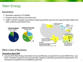 Talen Energy
 Generation capacity of 15,320MW
 22 power plants, looking to purchase more.
 LG&E(1) and KU(2) operate a joint electric balancing authority area and own approximately 5,468 circuit
miles of electric transmission lines.
8
Generation: Mach GEN
 July 23, 2015-Talen Energy Corporation announced Monday an agreement to acquire MACH Gen, LLC,
for $1.175 billion inclusive of any assumed debt, subject to customary purchase price adjustments. The
transaction is expected to be completed by year-end.
Generation
Other Lines of Business
 