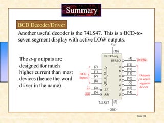 Floyd, Digital Fundamentals, 10th ed
Slide 34
Summary
BCD Decoder/Driver
Another useful decoder is the 74LS47. This is a BCD-to-
seven segment display with active LOW outputs.
The a-g outputs are
designed for much
higher current than most
devices (hence the word
driver in the name).
a
b
c
d
e
f
g
1
2
4
8
(16)
(4)
(13)
(12)
(11)
(10)
(9)
(15)
(14)
(1)
(2)
(6)
(7)
(3)
(5)
(8)
BCD
inputs
Outputs
to seven
segment
device
GND
VCC
BCD/7-seg
BI/RBO BI/RBO
LT
RBI
LT
RBI
74LS47
 