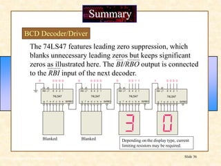 Floyd, Digital Fundamentals, 10th ed
Slide 36
Summary
BCD Decoder/Driver
a
b
c
d
e
f
g BI/RBO
0 0 0 0
8 4 2 1
RBI LT
0
74LS47
a
b
c
d
e
f
g BI/RBO
0 0 0 0
8 4 2 1
RBI LT
0
74LS47
a
b
c
d
e
f
g BI/RBO
0 0 1 1
8 4 2 1
RBI LT
0
74LS47
a
b
c
d
e
f
g BI/RBO
0 0 0 0
8 4 2 1
RBI LT
1
74LS47
Blanked Blanked
The 74LS47 features leading zero suppression, which
blanks unnecessary leading zeros but keeps significant
zeros as illustrated here. The BI/RBO output is connected
to the RBI input of the next decoder.
Depending on the display type, current
limiting resistors may be required.
 