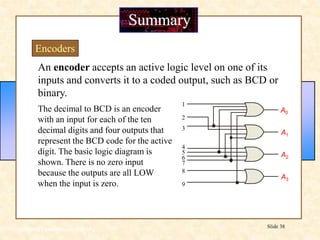 Floyd, Digital Fundamentals, 10th ed
Slide 38
Summary
Encoders
An encoder accepts an active logic level on one of its
inputs and converts it to a coded output, such as BCD or
binary.
The decimal to BCD is an encoder
with an input for each of the ten
decimal digits and four outputs that
represent the BCD code for the active
digit. The basic logic diagram is
shown. There is no zero input
because the outputs are all LOW
when the input is zero.
A1
A0
A2
A3
1
2
3
4
5
6
7
8
9
 