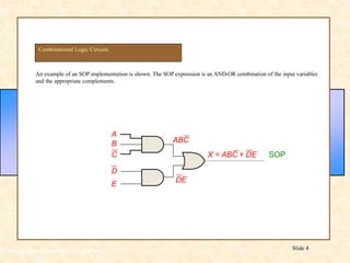 Floyd, Digital Fundamentals, 10th ed
Slide 4
An example of an SOP implementation is shown. The SOP expression is an AND-OR combination of the input variables
and the appropriate complements.
Combinational Logic Circuits
SOP
DE
ABC
A
B
C
E
D
X = ABC + DE
 
