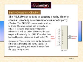 Floyd, Digital Fundamentals, 10th ed
Slide 47
Summary
Parity Generators/Checkers
The 74LS280 can be used to generate a parity bit or to
check an incoming data stream for even or odd parity.
Checker: The 74LS280 can test codes with up
to 9 bits. The even output will normally be
HIGH if the data lines have even parity;
otherwise it will be LOW. Likewise, the odd
output will normally be HIGH if the data lines
have odd parity; otherwise it will be LOW.
Generator: To generate even parity, the parity
bit is taken from the odd parity output. To
generate odd parity, the output is taken from
the even parity output.
(5)
(6)
(13)
(1)
(11)
(12)
(2)
(10)
(9)
(8)
F
G
D
E
H
C
B
A
(4)
I
74LS280
Data
inputs
S Even
S Odd
 