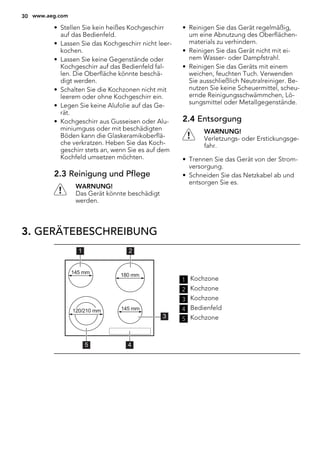 • Stellen Sie kein heißes Kochgeschirr
auf das Bedienfeld.
• Lassen Sie das Kochgeschirr nicht leer-
kochen.
• Lassen Sie keine Gegenstände oder
Kochgeschirr auf das Bedienfeld fal-
len. Die Oberfläche könnte beschä-
digt werden.
• Schalten Sie die Kochzonen nicht mit
leerem oder ohne Kochgeschirr ein.
• Legen Sie keine Alufolie auf das Ge-
rät.
• Kochgeschirr aus Gusseisen oder Alu-
miniumguss oder mit beschädigten
Böden kann die Glaskeramikoberflä-
che verkratzen. Heben Sie das Koch-
geschirr stets an, wenn Sie es auf dem
Kochfeld umsetzen möchten.
2.3 Reinigung und Pflege
WARNUNG!
Das Gerät könnte beschädigt
werden.
• Reinigen Sie das Gerät regelmäßig,
um eine Abnutzung des Oberflächen-
materials zu verhindern.
• Reinigen Sie das Gerät nicht mit ei-
nem Wasser- oder Dampfstrahl.
• Reinigen Sie das Geräts mit einem
weichen, feuchten Tuch. Verwenden
Sie ausschließlich Neutralreiniger. Be-
nutzen Sie keine Scheuermittel, scheu-
ernde Reinigungsschwämmchen, Lö-
sungsmittel oder Metallgegenstände.
2.4 Entsorgung
WARNUNG!
Verletzungs- oder Erstickungsge-
fahr.
• Trennen Sie das Gerät von der Strom-
versorgung.
• Schneiden Sie das Netzkabel ab und
entsorgen Sie es.
3. GERÄTEBESCHREIBUNG
45
1 2
3
120/210 mm
180 mm145 mm
145 mm
1 Kochzone
2 Kochzone
3 Kochzone
4 Bedienfeld
5 Kochzone
30 www.aeg.com
 