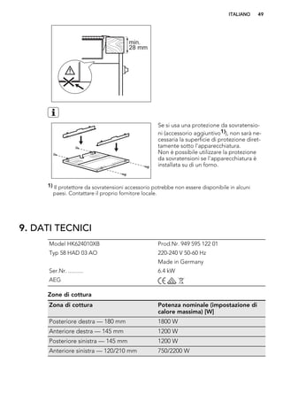 min.
28 mm
Se si usa una protezione da sovratensio-
ni (accessorio aggiuntivo1)), non sarà ne-
cessaria la superficie di protezione diret-
tamente sotto l'apparecchiatura.
Non è possibile utilizzare la protezione
da sovratensioni se l'apparecchiatura è
installata su di un forno.
1) Il protettore da sovratensioni accessorio potrebbe non essere disponibile in alcuni
paesi. Contattare il proprio fornitore locale.
9. DATI TECNICI
Model HK624010XB Prod.Nr. 949 595 122 01
Typ 58 HAD 03 AO 220-240 V 50-60 Hz
Made in Germany
Ser.Nr. .......... 6.4 kW
AEG
Zone di cottura
Zona di cottura Potenza nominale (impostazione di
calore massima) [W]
Posteriore destra — 180 mm 1800 W
Anteriore destra — 145 mm 1200 W
Posteriore sinistra — 145 mm 1200 W
Anteriore sinistra — 120/210 mm 750/2200 W
ITALIANO 49
 