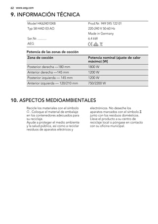9. INFORMACIÓN TÉCNICA
Model HK624010XB Prod.Nr. 949 595 122 01
Typ 58 HAD 03 AO 220-240 V 50-60 Hz
Made in Germany
Ser.Nr. .......... 6.4 kW
AEG
Potencia de las zonas de cocción
Zona de cocción Potencia nominal (ajuste de calor
máximo) [W]
Posterior derecha —180 mm 1800 W
Anterior derecha —145 mm 1200 W
Posterior izquierda — 145 mm 1200 W
Anterior izquierda — 120/210 mm 750/2200 W
10. ASPECTOS MEDIOAMBIENTALES
Recicle los materiales con el símbolo
. Coloque el material de embalaje
en los contenedores adecuados para
su reciclaje.
Ayude a proteger el medio ambiente
y la salud pública, así como a reciclar
residuos de aparatos eléctricos y
electrónicos. No deseche los
aparatos marcados con el símbolo
junto con los residuos domésticos.
Lleve el producto a su centro de
reciclaje local o póngase en contacto
con su oficina municipal.
62 www.aeg.com
 