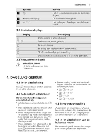 tiptoets -functie
2 Het in- en uitschakelen van de buitenste
ringen.
3 Kookstanddisplay De kookstand weergeven.
4 / Het verhogen of verlagen van de kook-
stand.
3.2 Kookstanddisplays
Display Beschrijving
De kookzone is uitgeschakeld.
- De kookzone wordt gebruikt.
Er is een storing.
Er is nog een kookzone heet (restwarmte).
Slot/kinderbeveiliging is in werking.
De automatische uitschakeling is in werking getreden.
3.3 Restwarmte-indicatie
WAARSCHUWING!
Verbrandingsgevaar door
restwarmte!
4. DAGELIJKS GEBRUIK
4.1 In- en uitschakeling
Raak 1 seconde aan om het apparaat
in– of uit te schakelen.
4.2 Automatisch uitschakelen
De functie schakelt het apparaat
automatisch uit als:
• Alle kookzones uitgeschakeld zijn (
).
• U de kookstand niet instelt nadat u het
apparaat hebt ingeschakeld.
• U iets hebt gemorst of iets langer dan
10 seconden op het bedieningspaneel
hebt gelegd (een pan, doek, etc.). Ver-
wijder het voorwerp of reinig het be-
dieningspaneel.
• U een kookzone niet uitschakelt of de
kookstand verandert. Na enige tijd
gaat branden en wordt het appa-
raat uitgeschakeld. Zie hieronder.
• De verhouding tussen warmte-instel-
ling en tijden van de automatische uit-
schakelingsfunctie:
• - — 6 uur
• - — 5 uur
• — 4 uur
• - — 1,5 uur
4.3 Temperatuurinstelling
aanraken om te verhogen. aanra-
ken om te verlagen. Het display toont de
kookstand. Raak en tegelijkertijd
aan om de kookzone uit te schakelen.
4.4 In- en uitschakelen van de
buitenste ringen
Het verwarmingsvlak kan worden aange-
past aan de grootte van de pannen.
NEDERLANDS 7
 