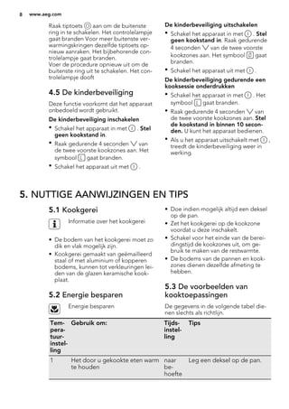 Raak tiptoets aan om de buitenste
ring in te schakelen. Het controlelampje
gaat branden Voor meer buitenste ver-
warmingskringen dezelfde tiptoets op-
nieuw aanraken. Het bijbehorende con-
trolelampje gaat branden.
Voer de procedure opnieuw uit om de
buitenste ring uit te schakelen. Het con-
trolelampje dooft
4.5 De kinderbeveiliging
Deze functie voorkomt dat het apparaat
onbedoeld wordt gebruikt.
De kinderbeveiliging inschakelen
• Schakel het apparaat in met . Stel
geen kookstand in.
• Raak gedurende 4 seconden van
de twee voorste kookzones aan. Het
symbool gaat branden.
• Schakel het apparaat uit met .
De kinderbeveiliging uitschakelen
• Schakel het apparaat in met . Stel
geen kookstand in. Raak gedurende
4 seconden van de twee voorste
kookzones aan. Het symbool gaat
branden.
• Schakel het apparaat uit met .
De kinderbeveiliging gedurende een
kooksessie onderdrukken
• Schakel het apparaat in met . Het
symbool gaat branden.
• Raak gedurende 4 seconden van
de twee voorste kookzones aan. Stel
de kookstand in binnen 10 secon-
den. U kunt het apparaat bedienen.
• Als u het apparaat uitschakelt met ,
treedt de kinderbeveiliging weer in
werking.
5. NUTTIGE AANWIJZINGEN EN TIPS
5.1 Kookgerei
Informatie over het kookgerei
• De bodem van het kookgerei moet zo
dik en vlak mogelijk zijn.
• Kookgerei gemaakt van geëmailleerd
staal of met aluminium of kopperen
bodems, kunnen tot verkleuringen lei-
den van de glazen keramische kook-
plaat.
5.2 Energie besparen
Energie besparen
• Doe indien mogelijk altijd een deksel
op de pan.
• Zet het kookgerei op de kookzone
voordat u deze inschakelt.
• Schakel voor het einde van de berei-
dingstijd de kookzones uit, om ge-
bruik te maken van de restwarmte.
• De bodems van de pannen en kook-
zones dienen dezelfde afmeting te
hebben.
5.3 De voorbeelden van
kooktoepassingen
De gegevens in de volgende tabel die-
nen slechts als richtlijn.
Tem-
pera-
tuur-
instel-
ling
Gebruik om: Tijds-
instel-
ling
Tips
1 Het door u gekookte eten warm
te houden
naar
be-
hoefte
Leg een deksel op de pan.
8 www.aeg.com
 