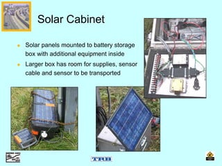Solar panels mounted to battery storage
box with additional equipment inside
Larger box has room for supplies, sensor
cable and sensor to be transported
Solar Cabinet
 