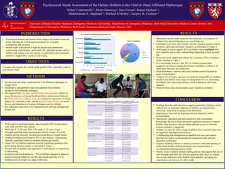Psychosocial Needs Assessment of the Haitian children in the Child in Hand Affiliated Orphanages.
Srihari Cattamanchi1,2
, Moira Hennessy2
, Sara Carson2
, Majed Aljohani1,2
,
Abdulrahman S. Alqahtani1,2
, Michael S Molloy1
, Gregory R. Ciottone1,2
OBJECTIVES
1.Harvard Affiliated Disaster Medicine Emergency Medicine Fellowship, Department of Emergency Medicine, Beth Israel Deaconess Medical Center, Boston, MA
2.Department of Emergency Medicine, Beth Israel Deaconess Medical Centre, Boston, MA
RESULTS
METHODS
Official hospital of
the
Boston Red Sox
• An observational study, conducted at 6 CiH affiliated orphanages in
August 2012.
• Quantitative and qualitative data was gathered from children,
caregivers and orphanage managers.
• We employed the Strengths and Difficulties Questionnaire (SDQ), to
assess the presence of mental health problems and prosocial behavior;
the Perceived Social Support Scale, to evaluate the experience of social
support by vulnerable youth; and the Kidcope Questionnaire, to assess
the use and helpfulness of coping techniques used by children.
• Key informant interviews were conducted with staff and management
at each site.
CONCLUSION
RESULTSINTRODUCTION
• Psychosocial distress and mental illness impacts the health around the
world, affecting the well-being and productivity of people,
communities and societies.
• Mental health vulnerability is high for people and communities
experiencing crisis/disaster, particularly for vulnerable groups such as
children and orphans who rely heavily on adult others and community
stability to support their resilience and coping
To create and evaluate the mental health profile of the vulnerable youth in
post disaster Haiti.
• Substantial mental health concerns were detected, yet a majority of
children also showed helping or pro-social behavior.
• Confidants were most often friends, but also included teachers, family
members, staff and community members, as illustrated in Figure 2.
• With regard to social support, 85% of children had a confidant who
they would be able to talk to about things happening in their personal
life.
• Perceived social support was absent for a minority (15%) of children,
further detailed in Table 1.
• It is concerning, however, that 30% of children reported that
caregivers (as well as friends) do not have confidence in them or let
them know that they are worthwhile.
• Sleep disturbance, enuresis and social isolation seem to be priority
areas of intervention.
• A high-level of trauma exposure was detected among 80% of children.
• Children described a wide range of coping behaviors (i.e. distracting,
self-blame, and expressing emotion, social withdrawal, and social
support).
• However these were inconsistently used / helpful for children.
• Findings from the staff interviews support quantitative findings, which
indicate that an important subgroup of children are experiencing
emotional, behavioral or interpersonal difficulties.
• Beginning to intervene by targeting concerns shared by staff is
recommended.
• Specifically, education and intervention for staff surrounding
bedwetting; the use of ritual and mood regulation practices to support
healthy sleep practices; and providing adequate access to feminine
hygiene products is suggested.
• Notably, in order for staff to begin to address these concerns they must
be supported and empowered to do so.
• Collaborating with management to establish self-care and support
activities for staff is recommended (In conjunction with self-care
education workshops).
• Capacity building seminar to enhance awareness and understanding of
child mental health, child development and communication is
recommended (and requested by staff).
• Priority areas to address include staffing policies that support best use of
staff strengths and allow for self care, practices that allow for regular
one-on-one interaction with children when possible, and aging-out
expectations and services for older youth.
• With regard to child participants, approximately 56% of participants
were male and 44% were female.
• Mean age of 11.49 years (SD, 3.26; range 3-19 years of age).
• Strengths and Difficulties Questionnaire (SDQ), found 15% of the
children having clinically elevated emotional distress in past month.
• Conduct Problems were found in 26% of the children, experiencing
clinically significant behavior problems during past month.
• About 16% of children endorsed clinically significant problems with
peers during the past month, as illustrated in Figure 1.
• Overall 20% of children had significant overall distress or impairment
in functioning.
• In terms of prosocial behavior, 77% of children engaged in adaptive
normal prosocial behavior over the past month and only 3% of
children were in a high risk range in this area.
 