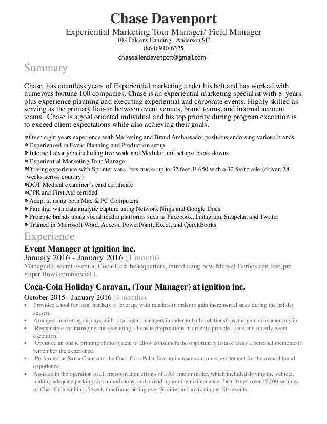 resume chasedav3 28 experiential marketing resume