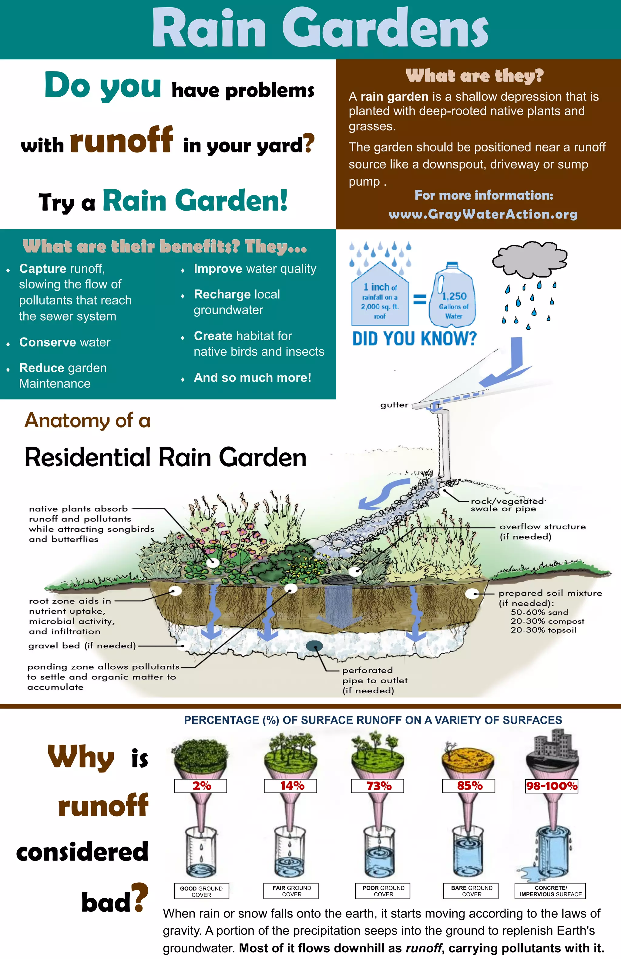 Try a Rain Garden! For more information:
www.GrayWaterAction.org
What are they?What are they?What are they?
A rain garden is a shallow depression that is
planted with deep-rooted native plants and
grasses.
The garden should be positioned near a runoff
source like a downspout, driveway or sump
pump .
Rain GardensRain GardensRain Gardens
What are their benefits? They…What are their benefits? They…What are their benefits? They…
Capture runoff,
slowing the flow of
pollutants that reach
the sewer system
Conserve water
Reduce garden
Maintenance
Improve water quality
Recharge local
groundwater
Create habitat for
native birds and insects
And so much more!
Do you have problems
with runoff in your yard?
Why is
runoff
considered
bad?
Anatomy of a
Residential Rain Garden
2% 14% 73% 85% 98-100%
PERCENTAGE (%) OF SURFACE RUNOFF ON A VARIETY OF SURFACES
GOOD GROUND
COVER
FAIR GROUND
COVER
POOR GROUND
COVER
BARE GROUND
COVER
CONCRETE/
IMPERVIOUS SURFACE
When rain or snow falls onto the earth, it starts moving according to the laws of
gravity. A portion of the precipitation seeps into the ground to replenish Earth's
groundwater. Most of it flows downhill as runoff, carrying pollutants with it.