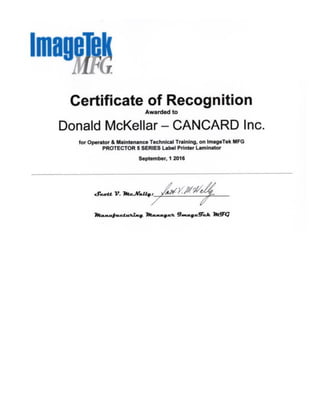 ImageTek Certificate of training