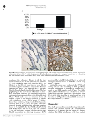 membrane-like substance (Figure 6a–d). In four
experiments with the PC3M cells and five with the
Gsa cells, markedly fewer cells receiving RNAi for
CD44v9, or for CD44v9 plus Muc18, were able to
invade through the membrane compared to the cells
receiving no RNAi. Cells receiving RNAi for only
Muc18 showed slightly inhibited invasion. The bar
graphs (Figure 7a) show mean differences in Inva-
sion Index (see Materials and methods) depending
on transfection treatment of the cells. With CD44v9
RNAi, PC3M cells had an Invasion Index of
21.61%77.03% of the invasive potential of control
cells transfected with vehicle alone (Po0.001).
Under this condition, the percent of the Gsa cells
invading was 31.28718.25% (Po0.001). Cells un-
dergoing Muc18 inhibition had a higher Invasion
Index of 76.9713.5% for the PC3M cells (Po0.05)
and 84.8729.9% for the Gsa cells vs controls
(P ¼ 0.18), implying a stronger role for CD44v9 than
Muc18 expression in allowing invasion. RNAi
performed for both CD44v9 and Muc18 in both cell
lines gave similar results to RNAi for CD44v9 only
(both Po0.001).
Matrigel invasion assay performed after FACS cell
sorting of Gsa cells according to GFP positivity
revealed differences in number of invaded GFP-
positive and GFP-negative cells (Figure 7b). Cells
after CD44v9 interference had 11% invasion of GFP-
positive cells vs 54% invasion of GFP-negative cells
(Po0.005). Cells after Muc18 interference had 59%
invasion of GFP-positive cells and 81% invasion of
GFP-negative cells (Po0.025).
Discussion
Our study produced these main findings: (1) confir-
mation that prostate cancer (PC) overexpresses
CD44v7–v10 by RT-PCR for that region; (2) demon-
stration that RNA interference with this variant
Figure 4 (a) Immunostaining reveals increased reactivity for CD44v10 in 55 prostatic tumors compared to benign prostate. More tumors
were reactive (89% vs 27%, P ¼ 0.001). Benign prostate (b) had weaker mean reactivity of 1.0 þ compared to tumor (c) at 1.6 þ . Reactivity
was more intense in tumor in 23 cases in which paired tumor and benign tissue were available (P ¼ 0.01).
CD44 expression in prostate cancer invasion
AL Omara-Opyene et al
8
Laboratory Investigation (2004) 1–14
 