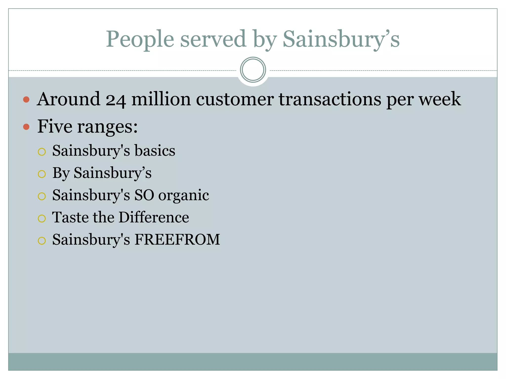 People served by Sainsbury’s
 Around 24 million customer transactions per week
 Five ranges:
 Sainsbury's basics
 By Sainsbury’s
 Sainsbury's SO organic
 Taste the Difference
 Sainsbury's FREEFROM
 