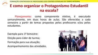 E como organizar o Protagonismo Estudantil
na escola?
Planejamento: como componente eletivo, é executado
semanalmente, em duas horas de aulas. São oferecidas a cada
semestre a partir de temas propostos pelos professores e/ou pelos
estudantes.
Exemplo para 1º bimestre:
Eleição para Líder de turma;
Formação para sua atuação;
Acompanhamento das atividades.
FORMAÇÃO CONTINUADA DE PROFESSORES DOS CENTROS ESTADUAIS DE TEMPO INTEGRAL
12
 