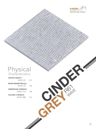 I n v e s t m e n t C o .
JERUSALEM STONE & MARBLE
27
SPECIFIC GRAVITY
ASTM C 97 2.75
WATER ABSORPTION (%)
ASTM C 97 8.0
COMPRESSIVE STRENGTH
ASTM C 170 140
FLEXURAL STRENGTH
ASTM C 880 17.5
Physical
Characteristics
CINDER
GREY
R61
W
AVE
 