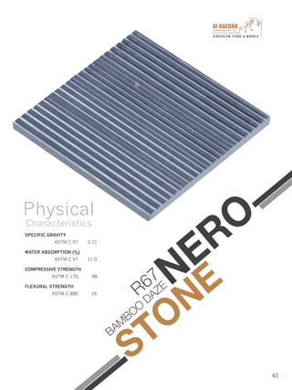 I n v e s t m e n t C o .
JERUSALEM STONE & MARBLE
43
SPECIFIC GRAVITY
ASTM C 97 2.71
WATER ABSORPTION (%)
ASTM C 97 11.0
COMPRESSIVE STRENGTH
ASTM C 170 98
FLEXURAL STRENGTH
ASTM C 880 16
Physical
Characteristics
NERO
STONER67
BAM
BOO
DAZE
 