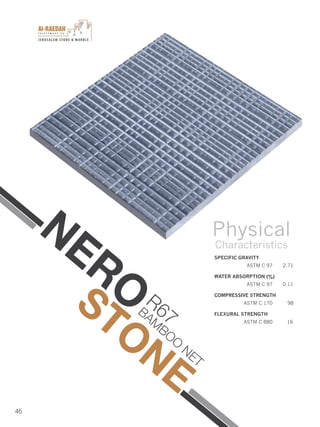 I n v e s t m e n t C o .
JERUSALEM STONE & MARBLE
46
SPECIFIC GRAVITY
ASTM C 97 2.71
WATER ABSORPTION (%)
ASTM C 97 0.11
COMPRESSIVE STRENGTH
ASTM C 170 98
FLEXURAL STRENGTH
ASTM C 880 16
Physical
Characteristics
NEROSTONE
R67BAM
BOO
NET
 