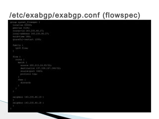 /etc/exabgp/exabgp.conf (flowspec)
group sysnet_flowspec {
local-as 65060;
peer-as 3128;
router-id 143.235.40.27;
local-address 143.235.40.27;
hold-time 180;
graceful-restart 1200;
family {
ipv4 flow;
}
flow {
route {
match {
source 205.213.14.55/32;
destination 137.104.167.144/32;
source-port =443;
protocol tcp;
}
then {
discard;
}
}
}
neighbor 143.235.40.19 {
}
neighbor 143.235.40.18 {
}
}
 