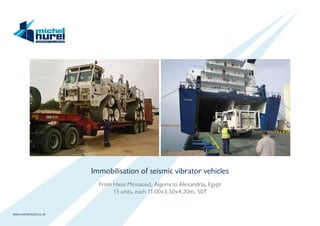 www.michel-hurel.co.uk
Immobilisation of seismic vibrator vehicles
From Hassi Messaoud, Algeria to Alexandria, Egypt
13 units, each 11.00x3.50x4.20m, 50T
 