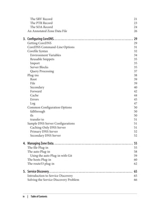 The SRV Record 21
The PTR Record 23
The SOA Record 24
An Annotated Zone Data File 26
3. Configuring CoreDNS. . . . . . . . . . . . . . . . . . . . . . . . . . . . . . . . . . . . . . . . . . . . . . . . . . . . . . . . 29
Getting CoreDNS 29
CoreDNS Command-Line Options 31
Corefile Syntax 32
Environment Variables 34
Reusable Snippets 35
Import 35
Server Blocks 35
Query Processing 37
Plug-ins 38
Root 39
File 39
Secondary 40
Forward 42
Cache 44
Errors 45
Log 47
Common Configuration Options 50
fallthrough 50
tls 50
transfer to 51
Sample DNS Server Configurations 51
Caching-Only DNS Server 51
Primary DNS Server 52
Secondary DNS Server 52
4. Managing Zone Data. . . . . . . . . . . . . . . . . . . . . . . . . . . . . . . . . . . . . . . . . . . . . . . . . . . . . . . . 55
The file Plug-in 55
The auto Plug-in 58
Using the auto Plug-in with Git 59
The hosts Plug-in 60
The route53 plug-in 62
5. Service Discovery. . . . . . . . . . . . . . . . . . . . . . . . . . . . . . . . . . . . . . . . . . . . . . . . . . . . . . . . . . . 65
Introduction to Service Discovery 65
Solving the Service Discovery Problem 66
iv | Table of Contents
 