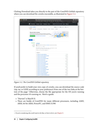 1 If you’re wondering why you’d want to do that, or how to do it, see Chapter 9.
Clicking Download takes you directly to the part of the CoreDNS GitHub repository
where you can download the coredns executable, as illustrated in Figure 3-2.
Figure 3-2. The CoreDNS GitHub repository
If you’d prefer to build your own copy of coredns, you can download the source code
(zip, tar, or GZIP, according to your preference) from one of the two links at the bot‐
tom of the page.1
Otherwise, choose the file appropriate for the OS you’re running
and the processor it’s running on. Here’s a guide:
• “Darwin” is MacOS X
• There are builds of CoreDNS for many different processors, including AMD,
ARM, 64-bit ARM, PowerPC, and IBM’s S/390
30 | Chapter 3: Configuring CoreDNS
 