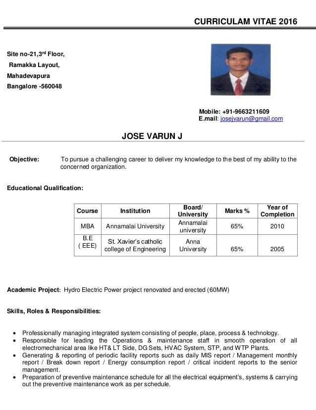 assistant facility manager resume curriculam vitae 2016 site no 213rd floor ramakka layout mahadevapura bangalore