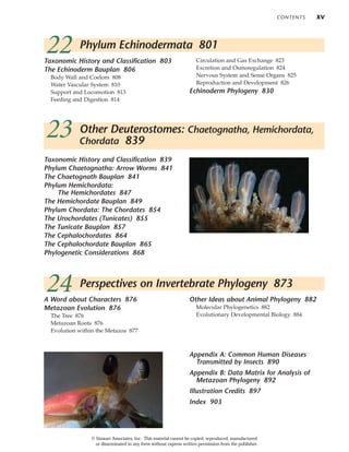 CONTENTS XV
Taxonomic History and Classification 839
Phylum Chaetognatha: Arrow Worms 841
The Chaetognath Bauplan 841
Phylum Hemichordata:
The Hemichordates 847
The Hemichordate Bauplan 849
Phylum Chordata: The Chordates 854
The Urochordates (Tunicates) 855
The Tunicate Bauplan 857
The Cephalochordates 864
The Cephalochordate Bauplan 865
Phylogenetic Considerations 868
22 Phylum Echinodermata 801
Taxonomic History and Classification 803
The Echinoderm Bauplan 806
Body Wall and Coelom 808
Water Vascular System 810
Support and Locomotion 813
Feeding and Digestion 814
Circulation and Gas Exchange 823
Excretion and Osmoregulation 824
Nervous System and Sense Organs 825
Reproduction and Development 826
Echinoderm Phylogeny 830
23 Other Deuterostomes: Chaetognatha, Hemichordata,
Chordata 839
24 Perspectives on Invertebrate Phylogeny 873
A Word about Characters 876
Metazoan Evolution 876
The Tree 876
Metazoan Roots 876
Evolution within the Metazoa 877
Other Ideas about Animal Phylogeny 882
Molecular Phylogenetics 882
Evolutionary Developmental Biology 884
Appendix A: Common Human Diseases
Transmitted by Insects 890
Appendix B: Data Matrix for Analysis of
Metazoan Phylogeny 892
Illustration Credits 897
Index 903
© Sinauer Associates, Inc. This material cannot be copied, reproduced, manufactured
or disseminated in any form without express written permission from the publisher.
 