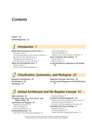Body Symmetry 43
Cellularity, Body Size, Germ Layers, and
Body Cavities 46
Locomotion and Support 49
Ameboid Locomotion 50
Cilia and Flagella 50
Muscles and Skeletons 52
Feeding Mechanisms 56
Intracellular and Extracellular Digestion 56
Feeding Strategies 57
Excretion and Osmoregulation 66
Nitrogenous Wastes and Water Conservation 66
Osmoregulation and Habitat 67
Excretory and Osmoregulatory Structures 68
Circulation and Gas Exchange 71
Internal Transport 71
Circulatory Systems 71
Hearts and Other Pumping Mechanisms 73
Where Did Invertebrates Come From? 4
The Dawn of Life 4
The Ediacaran Epoch and the Origin of Animals 5
The Paleozoic Era (570–250 mya) 6
The Mesozoic Era (250–65 mya) 7
The Cenozoic Era (65 mya–present) 7
Where Do Invertebrates Live? 9
Marine Habitats 9
Estuaries and Coastal Marshlands 13
Freshwater Habitats 13
Terrestrial Habitats 14
A Special Type of Environment: Symbiosis 14
Some Comments On Evolution 15
Microevolution 15
Macroevolution 16
A Final Introductory Message to the Reader
19
Contents
1 Introduction 1
2 Classification, Systematics, and Phylogeny 23
Biological Classification 24
Nomenclature 24
Systematics 27
Important Concepts and Terms 28
Constructing Phylogenies and Classifications
31
3 Animal Architecture and the Bauplan Concept 41
Preface xvii
Acknowledgments xix
© Sinauer Associates, Inc. This material cannot be copied, reproduced, manufactured
or disseminated in any form without express written permission from the publisher.
 