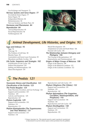 VIII CONTENTS
Gas Exchange and Transport 73
Nervous Systems and Sense Organs 77
Invertebrate Sense Organs 77
Sense Organs 78
Independent Effectors 82
Bioluminescence 82
Nervous Systems and Body Plans 82
Hormones and Pheromones 84
Reproduction 84
Asexual Reproduction 85
Sexual Reproduction 86
Parthenogenesis 88
4 Animal Development, Life Histories, and Origins 93
Eggs and Embryos 93
Eggs 94
Cleavage 94
The Problem of Cell Fates 98
Blastula Types 98
Gastrulation and Germ Layer Formation 99
Mesoderm and Body Cavities 100
Life Cycles: Sequences and Strategies 102
Classification of Life Cycles 102
Indirect Development 103
Settling and Metamorphosis 104
Direct Development 105
Mixed Development 105
Adaptations to Land and Fresh Water 106
Parasite Life Cycles 106
The Relationships between Ontogeny and
Phylogeny 106
The Concept of Recapitulation 107
Heterochrony and Paedomorphosis 108
Origins of Major Groups of Metazoa 108
Origin of the Metazoa 108
Origin of the Bilateral Condition 112
Origin of the Coelomic Condition 112
Taxonomic History and Classification 123
Classification of the Protista 123
The Protist Bauplan 124
Body Structure, Excretion, and Gas Exchange 124
Support and Locomotion 125
Nutrition 125
Activity and Sensitivity 125
Reproduction 127
Phylum Euglenida 129
Support and Locomotion 130
Nutrition 131
Reproduction 131
Phylum Kinetoplastida (The Trypanosomes
and Their Relatives) 131
Support and Locomotion 133
Nutrition 134
Reproduction and Life Cycles 135
Phylum Ciliophora (The Ciliates) 135
Support and Locomotion 135
Nutrition 139
Reproduction 142
Phylum Apicomplexa (The Gregarines,
Coccidians, Haemosporidians, and
Piroplasms) 145
Support and Locomotion 146
Nutrition 146
Reproduction and Life Cycles 147
Phylum Dinoflagellata 148
Support and Locomotion 151
Nutrition 151
Reproduction 152
5 The Protists 121
© Sinauer Associates, Inc. This material cannot be copied, reproduced, manufactured
or disseminated in any form without express written permission from the publisher.
 