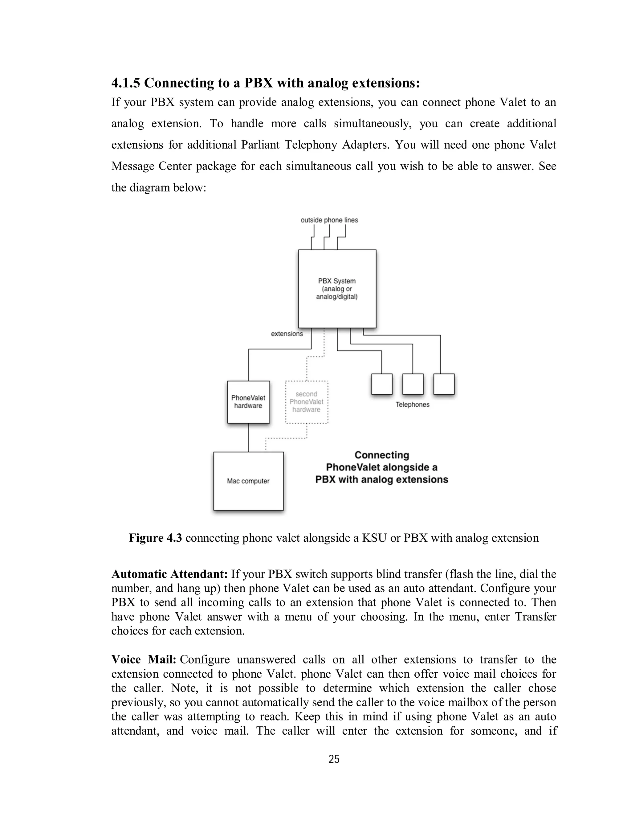 25
4.1.5 Connecting to a PBX with analog extensions:
If your PBX system can provide analog extensions, you can connect phone Valet to an
analog extension. To handle more calls simultaneously, you can create additional
extensions for additional Parliant Telephony Adapters. You will need one phone Valet
Message Center package for each simultaneous call you wish to be able to answer. See
the diagram below:
Figure 4.3 connecting phone valet alongside a KSU or PBX with analog extension
Automatic Attendant: If your PBX switch supports blind transfer (flash the line, dial the
number, and hang up) then phone Valet can be used as an auto attendant. Configure your
PBX to send all incoming calls to an extension that phone Valet is connected to. Then
have phone Valet answer with a menu of your choosing. In the menu, enter Transfer
choices for each extension.
Voice Mail: Configure unanswered calls on all other extensions to transfer to the
extension connected to phone Valet. phone Valet can then offer voice mail choices for
the caller. Note, it is not possible to determine which extension the caller chose
previously, so you cannot automatically send the caller to the voice mailbox of the person
the caller was attempting to reach. Keep this in mind if using phone Valet as an auto
attendant, and voice mail. The caller will enter the extension for someone, and if
 