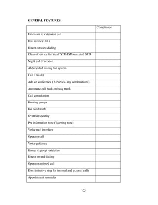 102
GENERAL FEATURES:
Compliance
Extension to extension call
Dial in line (DIL)
Direct outward dialing
Class of service for local/ STD/ISD/restricted STD
Night call of service
Abbreviated dialing for system
Call Transfer
Add on conference ( 6 Parties- any combinations)
Automatic call back on busy trunk
Call consultation
Hunting groups
Do not disturb
Override security
Pre information tone (Warning tone)
Voice mail interface
Operator call
Voice guidance
Group to group restriction
Direct inward dialing
Operator assisted call
Discriminative ring for internal and external calls
Appointment reminder
 