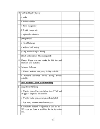 107
10. FCBC & Standby Power
a) Make
b) Model Number
c) Boost charge rate
d) Trickle charge rate
e) Input volts tolerance
f) Output volts
g) No. of batteries
h) Volts of each battery
i) Amp. Hours rating of battery
j) Back up time (min 8 hours required)
15. Whether Krone type tag blocks for CO lines and
extension lines included.
16. Exchange Software
a) Whether a closed user group facility available.
b) Whether restricted inward dialing facility
available.
17. Voice Mail and Direct Inward Dialling
i) Direct Inward Dialing
a) Whether this will accept dialing from DTMF and
DP type of telephone instruments.
b) Whether pulse tone converter cards included
c) How many ports each card can support.
d) Automatic transfer to operator in case all the
DID ports are busy is available for the incoming
calls.
 