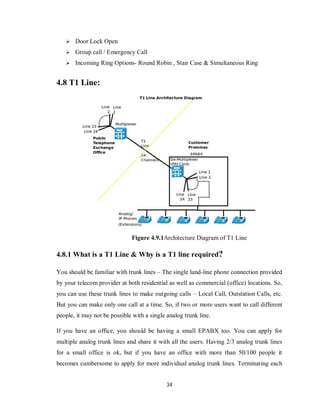 34
 Door Lock Open
 Group call / Emergency Call
 Incoming Ring Options- Round Robin , Stair Case & Simultaneous Ring
4.8 T1 Line:
Figure 4.9.1Architecture Diagram of T1 Line
4.8.1 What is a T1 Line & Why is a T1 line required?
You should be familiar with trunk lines – The single land-line phone connection provided
by your telecom provider at both residential as well as commercial (office) locations. So,
you can use these trunk lines to make outgoing calls – Local Call, Outstation Calls, etc.
But you can make only one call at a time. So, if two or more users want to call different
people, it may not be possible with a single analog trunk line.
If you have an office, you should be having a small EPABX too. You can apply for
multiple analog trunk lines and share it with all the users. Having 2/3 analog trunk lines
for a small office is ok, but if you have an office with more than 50/100 people it
becomes cumbersome to apply for more individual analog trunk lines. Terminating each
 