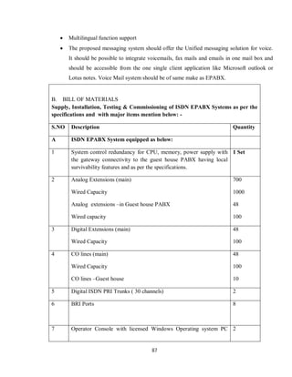 87
 Multilingual function support
 The proposed messaging system should offer the Unified messaging solution for voice.
It should be possible to integrate voicemails, fax mails and emails in one mail box and
should be accessible from the one single client application like Microsoft outlook or
Lotus notes. Voice Mail system should be of same make as EPABX.
B. BILL OF MATERIALS
Supply, Installation, Testing & Commissioning of ISDN EPABX Systems as per the
specifications and with major items mention below: -
S.NO Description Quantity
A ISDN EPABX System equipped as below:
1 System control redundancy for CPU, memory, power supply with
the gateway connectivity to the guest house PABX having local
survivability features and as per the specifications.
1 Set
2 Analog Extensions (main)
Wired Capacity
Analog extensions –in Guest house PABX
Wired capacity
700
1000
48
100
3 Digital Extensions (main)
Wired Capacity
48
100
4 CO lines (main)
Wired Capacity
CO lines –Guest house
48
100
10
5 Digital ISDN PRI Trunks ( 30 channels) 2
6 BRI Ports 8
7 Operator Console with licensed Windows Operating system PC 2
 