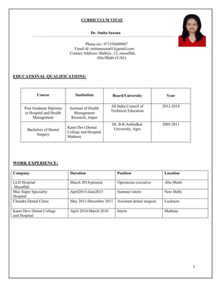 1
CURRICULUM VITAE
Dr. Smita Saxena
Phone no:- 971556809087
Email id: smitasaxena01@gmail.com
Contact Address: Shabiya -12, musaffah,
Abu Dhabi (UAE)
EDUCATIONAL QUALIFICATIONS:
Course Institution Board/University Year
Post Graduate Diploma
in Hospital and Health
Management
Institute of Health
Management
Research, Jaipur
All India Council of
Technical Education
2012-2014
Bachelors of Dental
Surgery
Kanti Devi Dental
College and Hospital
Mathura
Dr. B.R.Ambedkar
University, Agra
2005-2011
WORK EXPERIENCE:
Company Duration Position Location
LLH Hospital
Musaffah
March 2014-present Operations executive Abu Dhabi
Max Super Speciality
Hospital
April2013-June2013 Summer intern New Delhi
Chandra Dental Clinic May 2011-December 2011 Assistant dental surgeon Lucknow
Kanti Devi Dental College
and Hospital
April 2010-March 2010 Intern Mathura
 
