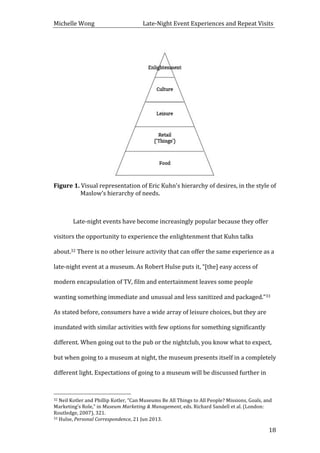 Michelle	
  Wong	
  	
  	
  	
  	
  	
  	
  	
  	
  	
  	
  	
  	
  	
  	
  	
  	
  	
  	
  	
  	
  	
  	
  	
  	
  	
  	
  	
  	
  	
  	
  	
  	
  	
  Late-­‐Night	
  Event	
  Experiences	
  and	
  Repeat	
  Visits	
  
	
   18	
  
	
  
Figure	
  1.	
  Visual	
  representation	
  of	
  Eric	
  Kuhn’s	
  hierarchy	
  of	
  desires,	
  in	
  the	
  style	
  of	
  
Maslow’s	
  hierarchy	
  of	
  needs.	
  
	
   	
  
Late-­‐night	
  events	
  have	
  become	
  increasingly	
  popular	
  because	
  they	
  offer	
  
visitors	
  the	
  opportunity	
  to	
  experience	
  the	
  enlightenment	
  that	
  Kuhn	
  talks	
  
about.32	
  There	
  is	
  no	
  other	
  leisure	
  activity	
  that	
  can	
  offer	
  the	
  same	
  experience	
  as	
  a	
  
late-­‐night	
  event	
  at	
  a	
  museum.	
  As	
  Robert	
  Hulse	
  puts	
  it,	
  “[the]	
  easy	
  access	
  of	
  
modern	
  encapsulation	
  of	
  TV,	
  film	
  and	
  entertainment	
  leaves	
  some	
  people	
  
wanting	
  something	
  immediate	
  and	
  unusual	
  and	
  less	
  sanitized	
  and	
  packaged.”33	
  
As	
  stated	
  before,	
  consumers	
  have	
  a	
  wide	
  array	
  of	
  leisure	
  choices,	
  but	
  they	
  are	
  
inundated	
  with	
  similar	
  activities	
  with	
  few	
  options	
  for	
  something	
  significantly	
  
different.	
  When	
  going	
  out	
  to	
  the	
  pub	
  or	
  the	
  nightclub,	
  you	
  know	
  what	
  to	
  expect,	
  
but	
  when	
  going	
  to	
  a	
  museum	
  at	
  night,	
  the	
  museum	
  presents	
  itself	
  in	
  a	
  completely	
  
different	
  light.	
  Expectations	
  of	
  going	
  to	
  a	
  museum	
  will	
  be	
  discussed	
  further	
  in	
  
	
  	
  	
  	
  	
  	
  	
  	
  	
  	
  	
  	
  	
  	
  	
  	
  	
  	
  	
  	
  	
  	
  	
  	
  	
  	
  	
  	
  	
  	
  	
  	
  	
  	
  	
  	
  	
  	
  	
  	
  	
  	
  	
  	
  	
  	
  	
  	
  	
  	
  	
  	
  	
  	
  	
  	
  
32	
  Neil	
  Kotler	
  and	
  Phillip	
  Kotler,	
  “Can	
  Museums	
  Be	
  All	
  Things	
  to	
  All	
  People?	
  Missions,	
  Goals,	
  and	
  
Marketing’s	
  Role,”	
  in	
  Museum	
  Marketing	
  &	
  Management,	
  eds.	
  Richard	
  Sandell	
  et	
  al.	
  (London:	
  
Routledge,	
  2007),	
  321.	
  
33	
  Hulse,	
  Personal	
  Correspondence,	
  21	
  Jun	
  2013.	
  
 