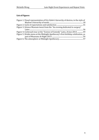 Michelle	
  Wong	
  	
  	
  	
  	
  	
  	
  	
  	
  	
  	
  	
  	
  	
  	
  	
  	
  	
  	
  	
  	
  	
  	
  	
  	
  	
  	
  	
  	
  	
  	
  	
  	
  	
  Late-­‐Night	
  Event	
  Experiences	
  and	
  Repeat	
  Visits	
  
	
   4	
  
List	
  of	
  Figures	
  
	
  
Figure	
  1.	
  Visual	
  representation	
  of	
  Eric	
  Kuhn’s	
  hierarchy	
  of	
  desires,	
  in	
  the	
  style	
  of	
  
Maslow’s	
  hierarchy	
  of	
  needs.	
  .................................................................................	
  18	
  
Figure	
  2.	
  Cycle	
  of	
  expectations	
  and	
  satisfaction.	
  ...............................................................	
  31	
  
Figure	
  3.	
  Science	
  Museum	
  tweet	
  from	
  the	
  “An	
  evening	
  dedicated	
  to	
  surgery”	
  
Lates	
  ..................................................................................................................................	
  36	
  
Figure	
  4.	
  Cockroach	
  tour	
  at	
  the	
  “Science	
  of	
  Comedy”	
  Lates,	
  26	
  Jun	
  2013.	
  .............	
  49	
  
Figure	
  5.	
  Drinks	
  menu	
  at	
  the	
  Midnight	
  Apothecary’s	
  first	
  birthday	
  celebration,	
  as	
  
part	
  of	
  Museums	
  At	
  Night	
  2013.	
  ...........................................................................	
  54	
  
Figure	
  6.	
  The	
  atmosphere	
  at	
  Midnight	
  Apothecary.	
  .........................................................	
  57	
  
	
  
	
  
	
  
	
  
	
  
	
  
	
  
	
  
	
  
	
  
	
  
	
  
	
  
	
  
	
  
	
  
	
  
	
  
	
  
	
  
	
  
	
  
	
  
	
  
	
  
	
  
	
  
 