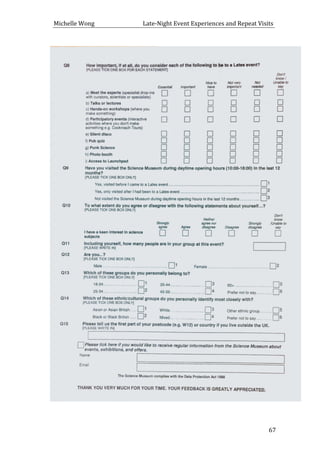 Michelle	
  Wong	
  	
  	
  	
  	
  	
  	
  	
  	
  	
  	
  	
  	
  	
  	
  	
  	
  	
  	
  	
  	
  	
  	
  	
  	
  	
  	
  	
  	
  	
  	
  	
  	
  	
  Late-­‐Night	
  Event	
  Experiences	
  and	
  Repeat	
  Visits	
  
	
   67	
  
	
  
 