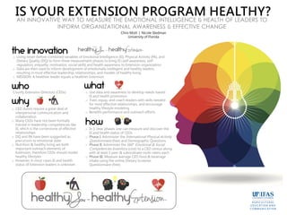IS YOUR EXTENSION PROGRAM HEALTHY?
AN INNOVATIVE WAY TO MEASURE THE EMOTIONAL INTELLIGENCE & HEALTH OF LEADERS TO
INFORM ORGANIZATIONAL AWARENESS & EFFECTIVE CHANGE
Chris Mott | Nicole Stedman
University of Florida
HealthyYou= HealthyExtension™
who what
why
the innovation
how
HealthyYou = HealthyExtension™
County Extension Directors (CEDs) o Use data and awareness to develop needs-based
EI and health promotion
o Train, equip, and coach leaders with skills needed
for most effective relationships, and encourage
healthy lifestyle modeling
o Benefits performance and outreach efforts
o Using never-before-combined variables of Emotional Intelligence (EI), Physical Activity (PA), and
Dietary Quality (DQ) to form three measurement phases to bring EI (self-awareness, self-
regulation, empathy, motivation, social skills) and health awareness to Extension organization;
o Data are then used to inform development of emotionally intelligent and healthy leaders,
resulting in most effective leadership, relationships, and models of healthy living.
o MISSION: A healthier leader equals a healthier Extension
o CED duties require a great deal of
interpersonal communication and
collaboration
o Many CEDs have not been formally
trained in leadership competencies like
EI, which is the cornerstone of effective
relationships
o DQ and PA have been suggested as
precursors to emotional state
o Nutrition & healthy living are both
important outreach elements of
Extension; therefore CEDs should model
healthy lifestyles
o However, in most cases EI and health
status of Extension leaders is unknown
o In 3 clear phases one can measure and discover the
EI and health status of CEDs
o Phase I: Administer the International Physical Activity
Questionnaire (free) and Demographic Questions
o Phase II: Administer the 360° Emotional & Social
Competencies Inventory (cost) to a CED census along
with at least 5 peer & subordinate multi-raters each
o Phase III: Measure average CED food & beverage
intake using the online Dietary Screener
Questionnaire (free)
 