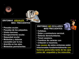 SÍNTOMAS  NO  OCULARES  MÁS FRECUENTES: Cefaleas. Dolor y contractura cervical. Dolores dorsolumbares. Túnel carpiano. Cambios de carácter con  irritación e insomnio. Las  causas  de estos síntomas están  relacionadas fundamentalmente  con  factores posturales tanto de los ojos  como del  esqueleto y los músculos SÍNTOMAS  VISUALES  MÁS  FRECUENTES Pesadez ocular. Pesadez de los párpados. Visión borrosa. Enrojecimiento ocular.  Sequedad ocular. Molestias y dolores  causados por la luz. Arenilla en los ojos. Molestias permanentes 