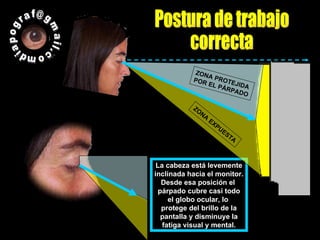 La cabeza está levemente inclinada hacia el monitor. Desde esa posición el  párpado cubre casi todo el globo ocular, lo  protege del brillo de la pantalla y disminuye la fatiga visual y mental. Postura de trabajo correcta ZONA PROTEJIDA POR EL PÁRPADO ZONA EXPUESTA diapograf@gmail.com  