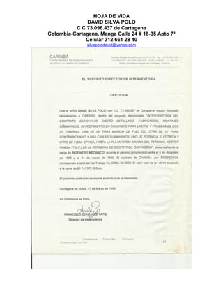 HOJA DE VIDA
DAVID SILVA POLO
C C 73.096.437 de Cartagena
Colombia-Cartagena, Manga Calle 24 # 18-35 Apto 7ª
Celular 312 661 28 40
silvapolodavid@yahoo.com
 