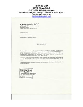 HOJA DE VIDA
DAVID SILVA POLO
C C 73.096.437 de Cartagena
Colombia-Cartagena, Manga Calle 24 # 18-35 Apto 7ª
Celular 312 661 28 40
silvapolodavid@yahoo.com
 