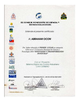 Certificado Premio COHCIT 2004 Proyecto Can Cerbero