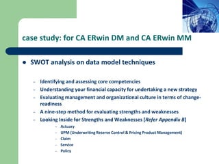 case study: for CA ERwin DM and CA ERwin MM
 SWOT analysis on data model techniques
– Identifying and assessing core competencies
– Understanding your financial capacity for undertaking a new strategy
– Evaluating management and organizational culture in terms of change-
readiness
– A nine-step method for evaluating strengths and weaknesses
– Looking Inside for Strengths and Weaknesses [Refer Appendix B]
– Actuary
– UPM (Underwriting Reserve Control & Pricing Product Management)
– Claim
– Service
– Policy
 