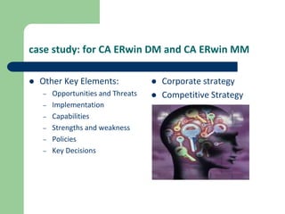 case study: for CA ERwin DM and CA ERwin MM
 Other Key Elements:
– Opportunities and Threats
– Implementation
– Capabilities
– Strengths and weakness
– Policies
– Key Decisions
 Corporate strategy
 Competitive Strategy
 