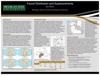 Faunal Distribution and Supercontinents
Ike Ross
Michigan State University Geological Sciences
ABSTRACT
Continental based faunal distribution through the final periods of the
last three supercontinents (Gondwanaland, Laurasia and Pangea) can
be described as a spike in continental based migration prior to the
break up of Pangea forming the two supercontinents, Gondwanaland
and Laurasia. A shift of gradual distribution of fauna on Laurasia and
Gondwanaland is documented after the increased range of distribution
from Pangea. While internal migration allowed for species distribution
on the main lands of Laurasia and Gondwanaland respectively,
common species found on both supercontinents can be attributed to
marine and land bridge based migration upon continental separation.
By negating the Devonian and the periods prior, this eliminates the
need to focus on the migration pattern of fish and other marine species
whose distributions were not inhibited by travel over land masses
during periods of supercontinents. By using reconstructed maps with
tetrapod fossil distribution combined with previous research on
migratory patterns of existing fauna from the end of the Devonian
through the Jurassic (150 Mya to 225 Mya) it is be possible to
reconstruct a geologic explanation for the fossils found due to the
migration of fauna from southern Pangea through northern Laurasia.
Based on fossil records of the
Lystrosaurus, there is definitive
evidence of Lystrosaurus presence in
southern Pangea, current day South
Africa, India, and Antarctica, however,
there is also evidence of Lystrosaurus
fossils reaching as far north as
northern Laurasia, the U.S.S.R. region,
during later periods.
CONCLUSIONS
While the faunal distribution of the Permian through early Triassic has been
easily explained by the connected continents that formed Pangea, the
distribution of families of tetrapods from the mid Triassic through the early
Jurassic periods is more difficult to explain. The separation of Laurasia and
Gondwanaland would impede the distribution of land based tetrapods.
REFERENCES
1. Watson, J.M., 2012, Historical perspective [This Dynamic Earth, USGS]:
Historical perspective [This Dynamic Earth, USGS]
2. Colbert, E.H., 1982, OF THE DISTRIBUTION LYSTROSAURUS IN
PANGAEA AND ITS IMPLICATIONS : Geobios, v. 15, p. 375–383, doi:
10.1016/S0016-6995(82)80126-5.
3. Records of Life: Fossils as Original Sources Athena Review, v. 5.
4. Cox, C.B., 1974, Vertebrate Palaeodistributional Patterns and Continental
Drift: Journal of Biogeography, v. 1, p. 75–94, doi: 10.2307/3037956.
5. Cox, C.B., 1974, Vertebrate Palaeodistributional Patterns and Continental
Drift: Journal of Biogeography, v. 1, p. 75–94, doi: 10.2307/3037956.
Fig. 1 Position of continents from the Permian through the Cretaceous (USGS, 2012)
METHODS RESULTS
Fig. 2 Distribution of Lystrosaurus during the early Triassic
represented by black dots (Colbert, 1982)
INTRODUCTION
By focusing on vertebrates having evolved after the Devonian period
(~360 Mya), it is possible to construct a brief history of the continental
distribution patterns of fauna, specifically tetrapods, across the last 3
existing supercontinents. Based on fossil records of tetrapods and
dinosaurs, it is evident that these fauna had begun to disperse themselves
across the southern ends of Pangea during periods in which the
supercontinent had limited inland seas. Once Pangea began to break into
Laurasia, to the north, and Gondwanaland, to the south, the resulting
formation of seas and a probable land bridge allowed for fauna to migrate
northward to Laurasia from the central and southern regions of
Gondwanaland.
The distribution of known fossils
found of the tetrapod
Cynognathus correlates with the
distribution of the Lystrosaurus,
spreading mainly throughout the
southern reaches of Pangea. The
Cynognathus, however, has a
greater reach throughout present
day South America with no
noticeable reach into India.Fig 3 Regional distribution of Cynognathus through the early
Triassic
As Pangea split into Laurasia
and Gondwanaland in the late
Triassic, there is evidence of
tetrapod family distribution
through the northern parts of
Laurasia as well as regions in
the central to lower portions of
Gondwanaland. Faunal
distribution records show
similar results with families of
tetrapods on either side of the
Tethys Sea as well as the
southwest Americas and
northeast African regions.
Because there is evidence of tetrapods and dinosaurs of the same
families distributed across Laurasia and Gondwanaland, there must have
been a land bridge The presence of a land bridge would also explain the
high percentage of species with similar families found in northern
Laurasia and southern Gondwanaland. During the early phases of
continental separation, reptiles could have crossed the shallow seas prior
to their oceanic formation which would explain the presence of similar
fauna on either side of the Tethys Sea.
Fig. 5 Faunal distribution during the middle Jurassic represented by
black dots (Cox, 1974)
Europe (41) Asia (18.5) S. America
(19)
Africa (42.5) India (16)
N. America
(16)
87.5% 44% 56% 75% 59%
Europe 80% 74% 59% 81%
Asia 51% 89% 41%
S. America 74% 56%
Africa 75%
Fig. 4 Table of terrestrial faunal similarities at family level by percent during the Triassic. Number in
brackets represents number of families found on each present day continent. Incomplete families
were given an additional size of 0.5 (Cox, 1974)
 