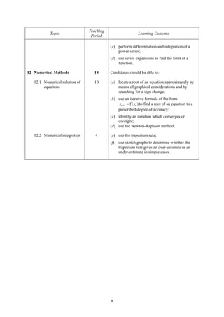 Teaching
            Topic                                            Learning Outcome
                                 Period

                                           (c) perform differentiation and integration of a
                                               power series;
                                           (d) use series expansions to find the limit of a
                                               function.

12 Numerical Methods              14       Candidates should be able to:

   12.1 Numerical solution of     10       (a) locate a root of an equation approximately by
        equations                              means of graphical considerations and by
                                               searching for a sign change;
                                           (b) use an iterative formula of the form
                                               xn +1 = f ( xn ) to find a root of an equation to a
                                               prescribed degree of accuracy;
                                           (c) identify an iteration which converges or
                                               diverges;
                                           (d) use the Newton-Raphson method;

   12.2 Numerical integration      4       (e) use the trapezium rule;
                                           (f)   use sketch graphs to determine whether the
                                                 trapezium rule gives an over-estimate or an
                                                 under-estimate in simple cases.




                                           8
 